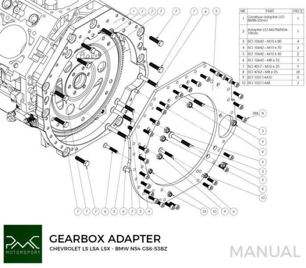 Gearbox adapter plate GM Chevrolet V8 LS - BMW M57N M57N2 N54 N52 N54 N52 N53 GS6-53DZ GS6-53BZ